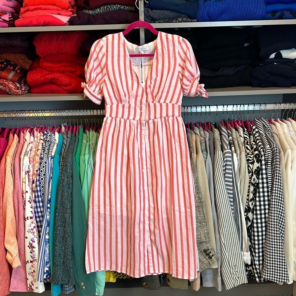 English Factory pink and white striped short sleeve v neck midi dress XS NWT
